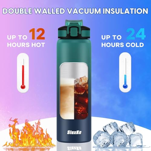 SLUXKE 33.8oz Insulated Stainless Steel Water Bottle with Straw - Blue, 1L, Leak-Proof, BPA-Free, Camping & Sports