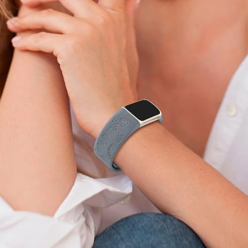 Floral Engraved Fitness Tracker Band for Charge 6/5 - Blue Gray
