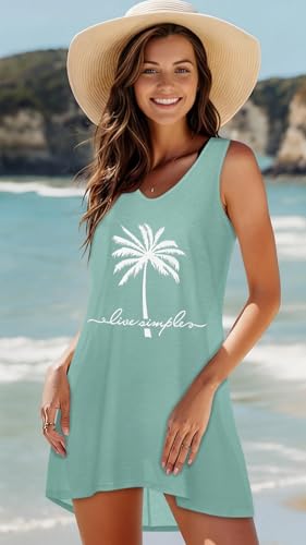 Women's Light Blue Coconut Tree Bikini Coverup Tank Dress - Large