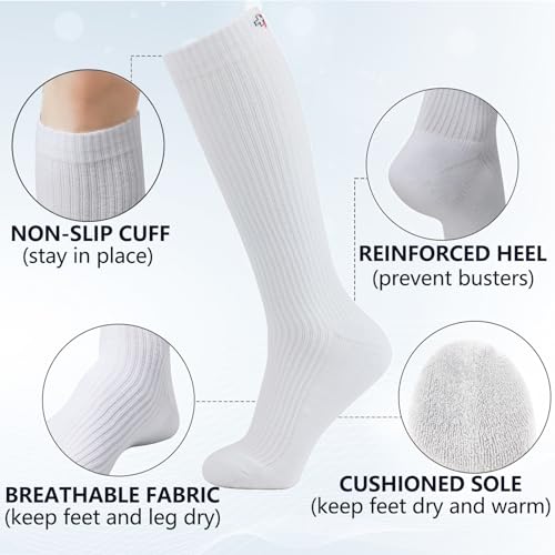 +MD Cotton Compression Socks for Women & Men 4 Pairs White 15-20mmHg Knee High, Pregnancy & Travel Travel