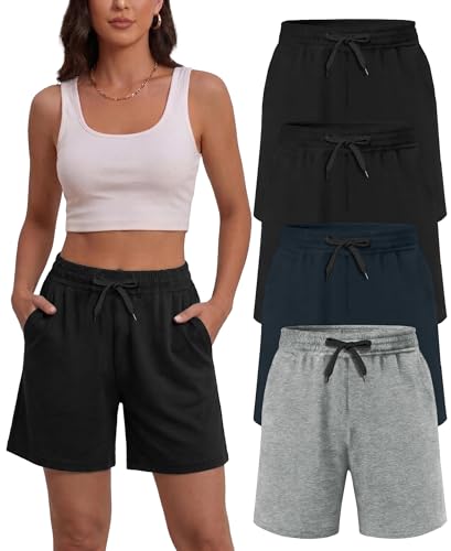 Dalavch Women's Summer Cotton Sweat Shorts with Pockets, 4 Pack, Large, Black, Blue & Grey Variants