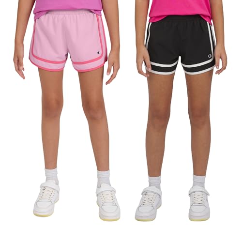 Champion Girls Heritage Foldover Mesh Running Basketball Short 2.75 Inch Inseam - Large, Black-Pink