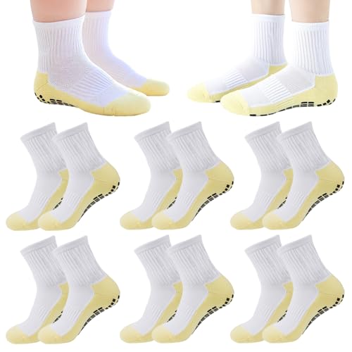 Kids Soccer Grip Socks - Anti Slip Athletic Crew Socks, 6 Pairs, 4-8 Years, White