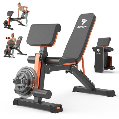 Adjustable Weight Bench - 1000LBS Capacity, Foldable Heavy Duty with Preacher Pad & Leg Extension - Orange Black