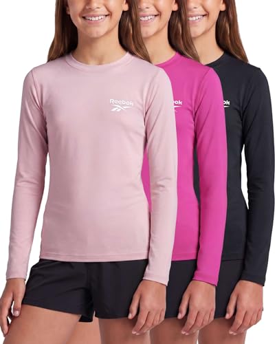 Girls' Long Sleeve Rash Guard Swim Shirts 3 Pack - Black+Fuchsia+Lilac