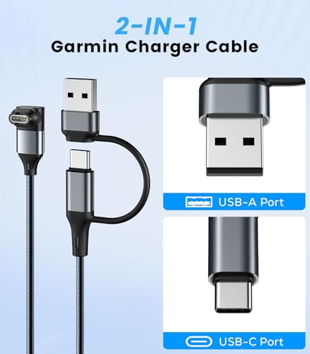 2-in-1 Smartwatch Charging Cable for Garmin, 3.3ft USB-C & USB-A - Grey