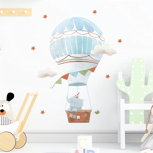 Cute Baby Elephant Hot Air Balloon Stars Wall Stickers, sacinora Cartoon Animal Wall Decals Removable Vinyl Peel and Stick for Kids Baby Nursery Bedroom Toddler Room Kindergarten Art Decorations