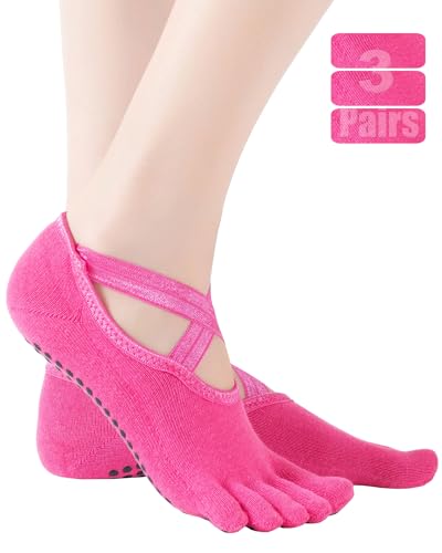Women's Full Toe Yoga Socks with Grips - Backless, One Size - Rose (3 Pairs)