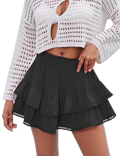 Flowy Ruffle Tiered Skorts for Women - Black, Medium
