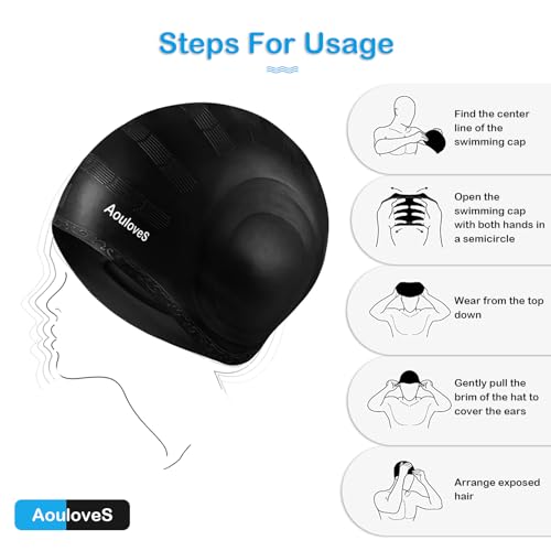 Unisex Swim Caps 2 Pack with 3D Ear Protection - Black