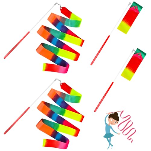 4 Pcs Rainbow Dance Ribbons with Twirling Batons - 78.7 Inch Streamers