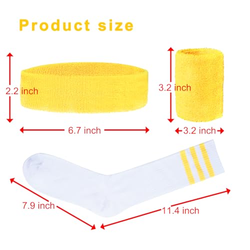 5-Piece 80s Striped Sweatbands and Socks Set - Yellow & White