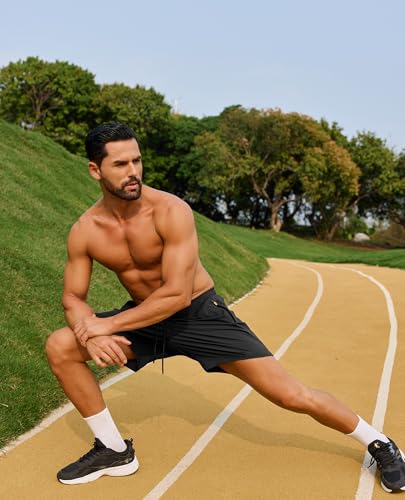 Men's Athletic Running Shorts - 7 Inch Quick Dry with Zipper Pockets - Large, Black
