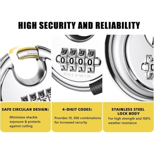 DELSWIN 4 Digit Combination Disc Padlock with Hardened Steel Shackle Outdoor Combo Gate Lock for Sheds, Storage Unit, Garage, Fence, Trailer Tongue (4 Pcs)