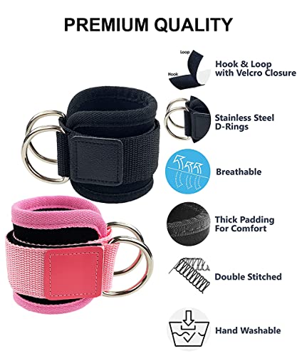 Adjustable Ankle Straps for Cable Machines - Heavy Duty Gym Cuffs - Black