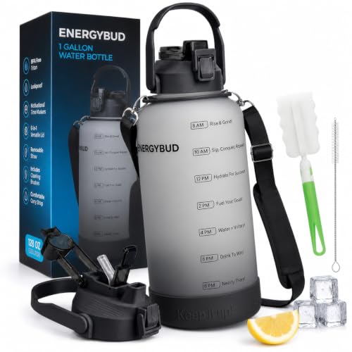 EnergyBud 1 Gallon Water Bottle with Straw, 128 oz, BPA/BPS Free Tritan, Time Markers, 6-in-1 Cap, Includes 2 Cleaning Brushes, Clear & Black