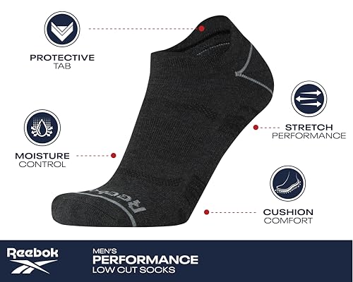 Reebok Men's Low Cut Cushioned Athletic Socks 6 Pack Black 6-12.5
