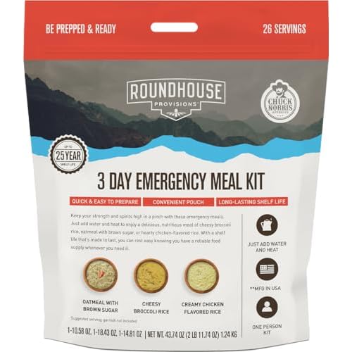 by Chuck Norris Roundhouse Provisions 3 Day, 26 servings Emergency Meal Kit, Grab-and-Go, Premade, Disaster Prep, Hiking, Survival, Adventure, Camping Food, 25 Year Shelf Life.