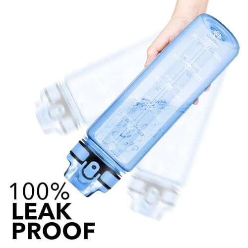 Alwager 32oz Water Bottle with Time Marker, Clear with Strap – BPA-Free Leak-Proof