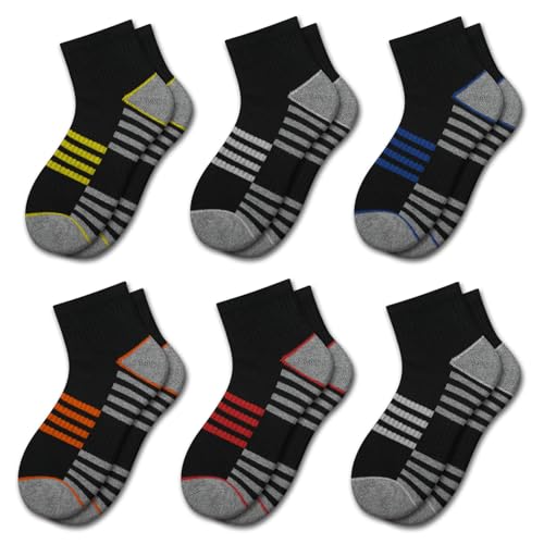 Boys Athletic Quarter Socks - Cushioned Ankle Sports Socks - 6 Pairs, Sizes 7-10 Years, Black