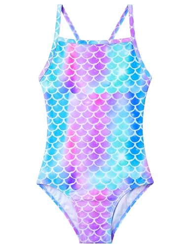 Girls One-Piece Swimsuit - Multicolor Scale Design, 7-8 Years