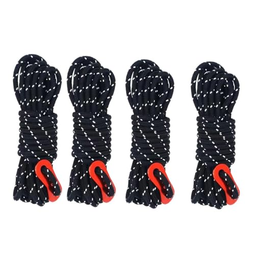Camping Rope Set - 4mm Reflective Guy Lines with Adjuster - Black