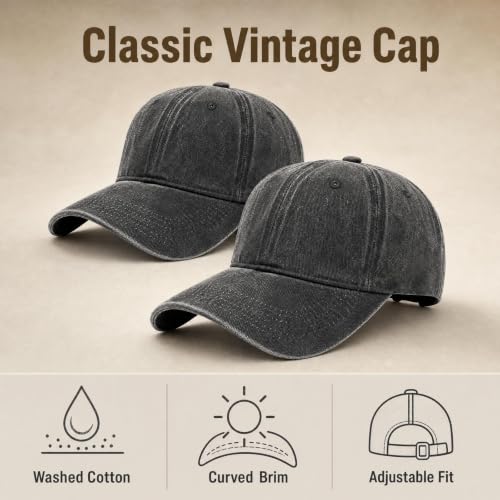 GESERESON Medium Black Vintage Washed Cotton Baseball Cap - Adjustable Dad Hat