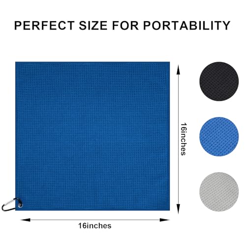 3 Pack Microfiber Golf Towels - 16x16 Inch Club Cleaning Cloths with Carabiners