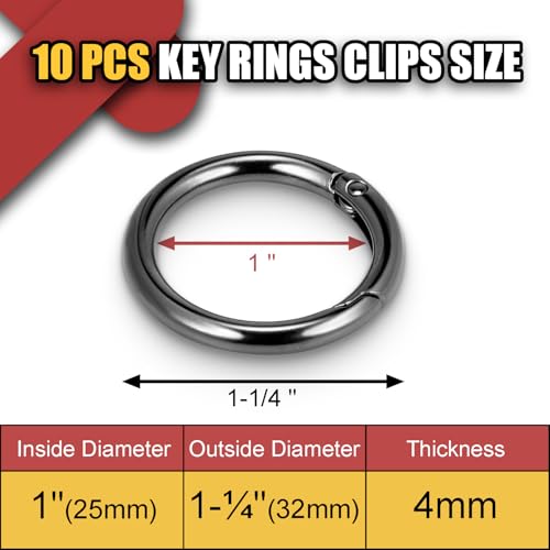10pcs 1-Inch Round Carabiner Keychain Clips - Gun Black Metal Spring O Rings