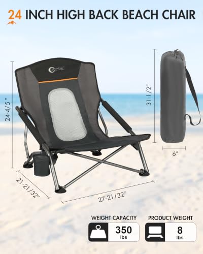 Portal Beach Chair for Adults Standard Back Black – Lightweight Folding Camping Chair with Cup Holder