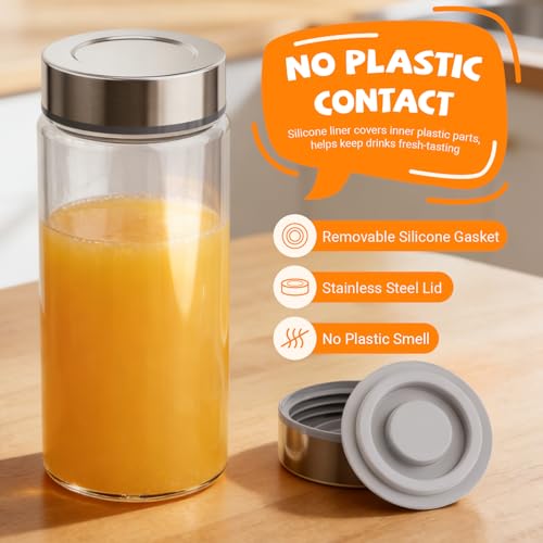 Cafezi 16 oz Wide Mouth Glass Juice Bottles with Stainless Steel Lids - Clear 6 Pack
