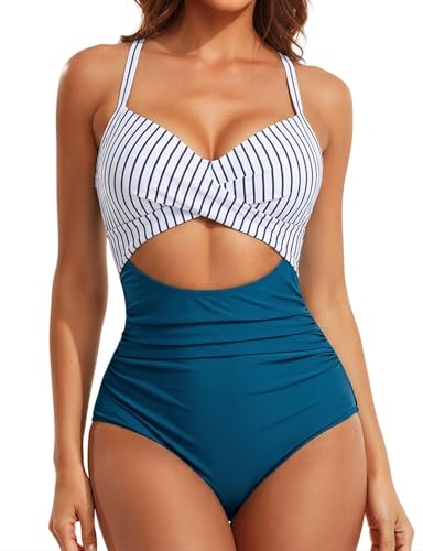 Buauty Women's Cutout High-Cut One-Piece Swimsuit Blue Striped, Tummy Control