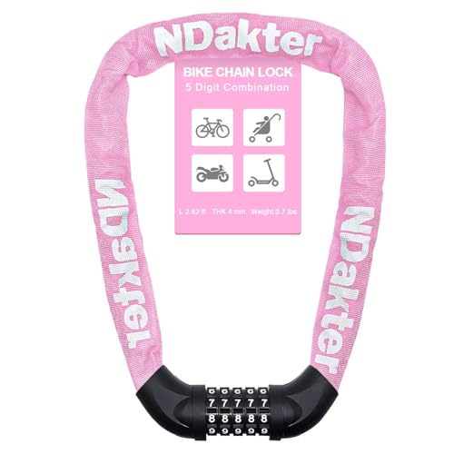 NDakter Pink Bike Lock with 2.62 Ft Long 5-Digit Resettable Heavy Duty Chain