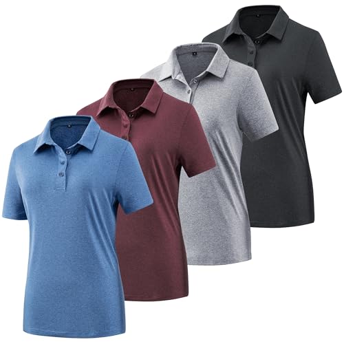 TVKSOM 4-Pack Women's Polo Shirts Casual Short Sleeve Golf Work Tops - Large, Black, Grey, Blue, Red