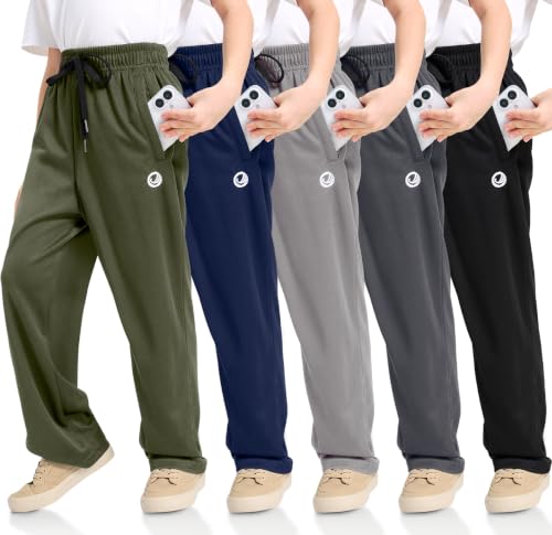 OCYMA Boys Sweatpants 5-Pack Athletic Joggers with Zip Pockets - Medium, Black, Gray & Green