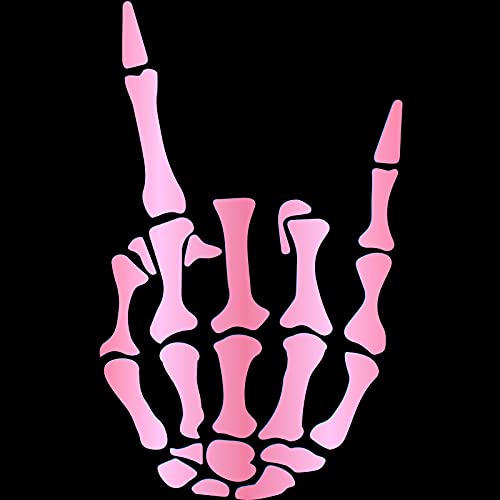 Rock on Skeleton Hand Sticker - Vinyl Car Decal 8" x 4.8" Chrome Pink