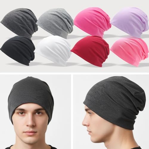 Cotton Slouchy Beanie Hat - Chemo Headwear for Night Use - Grey + Navy Blue
