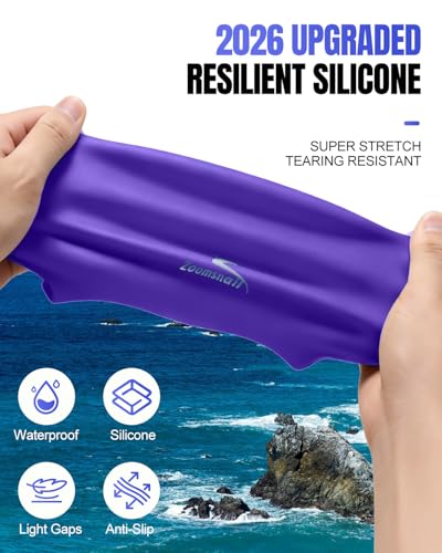 Zoomsnail Purple X-Large Silicone Swim Cap for Long Hair, Waterproof & Leak-Proof