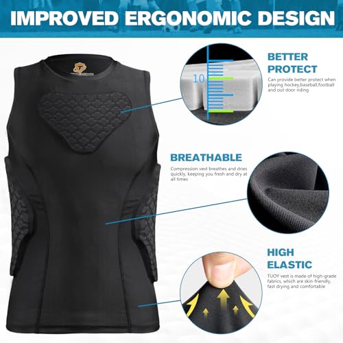 Youth Football Protective Vest Medium with 10mm Impact Pads, Breathable Compression Shirt for Kids