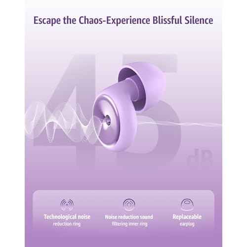 Ear Plugs for Sleeping Noise Cancelling Earbuds:45db Loop Earplugs for Concerts/Shooting/Travel/Snoring Silicone Hearing Protection Sleep Ear Plugs with Reusable 8 Ear Tips (Light Purple)