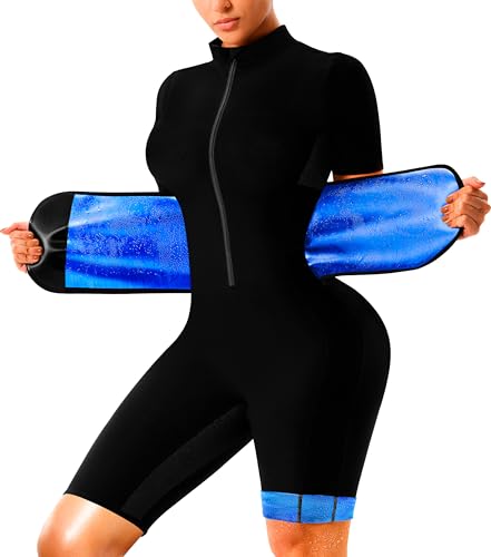 LMCOB Women Sauna Suit Belly Fat Full Body Jumpsuit Blue Lining XL for Weight Loss