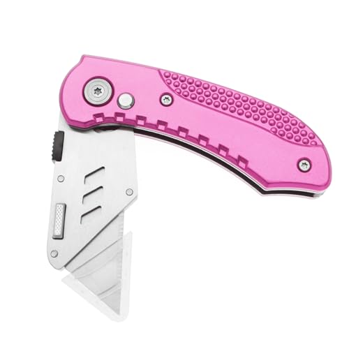 Utility Knife Folding Safety Lock & Quick Change with 10 Extra SK5 Replacement Blade Lightweight Aluminum Handle & Pocket Clip Multi-Use Box Cutter Office Home Art Diy Great Gift Choice (Pink)