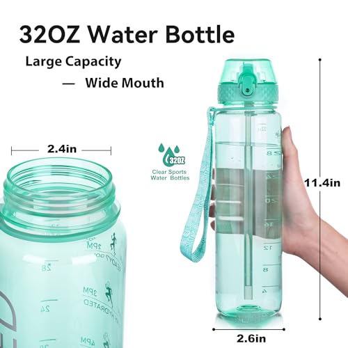 GOPPUS 32oz Light Green Water Bottle with Straw, Time Marker, Leak-Proof Cap