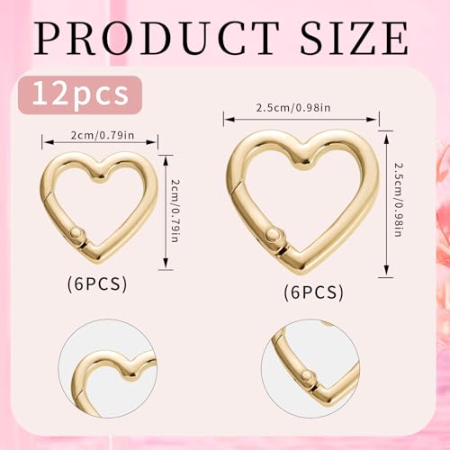 Heart Shaped Carabiner Keychain Clips - 12Pcs Gold