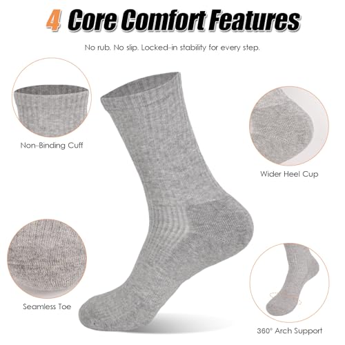 RienQuUne Men's Grey Cushioned Crew Socks 9-14 | Comfort Cotton Odor Control