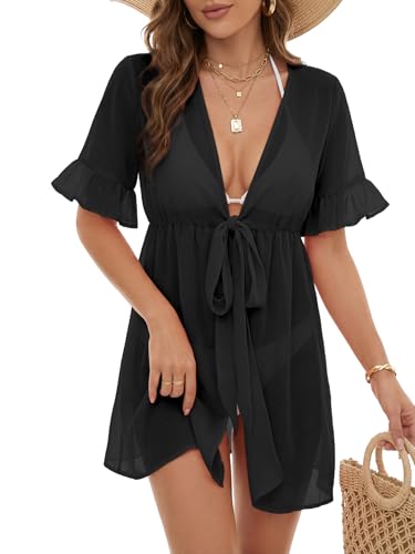 Women's V Neck Tie Knot Front Ruffle Sleeve Beach Coverup - Small/Black