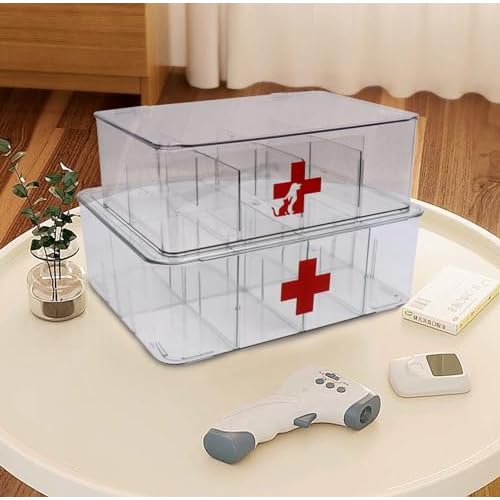 First Aid Box and Pet Frist Aid Storage Bin, Acrylic Medicine Kit Case Organizer Empty, Divided First Aid Storage Box Kit with Hinge Lid, Emergency Kit Storage Box for Family and Pet (Clear)