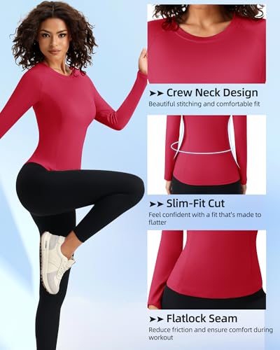 Women's Long Sleeve Compression Shirt - Moisture Wicking Workout Top - Red - Medium