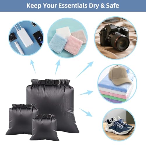 Waterproof Dry Bags Set - Lightweight 2.5L, 3L, 8L - All Black