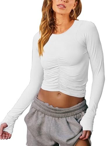 Vivitulip Women's White Small Long Sleeve Crop Top with Ruched Fitted Design & Thumb Holes
